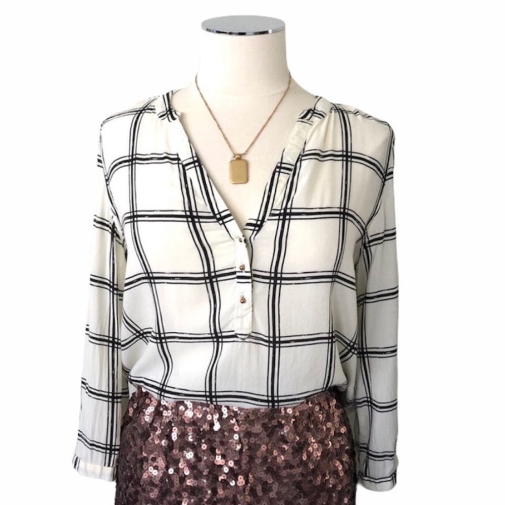 GAP Cream Black Collarless Button Down Shirt Sz S Windowpane Print Long Sleeve